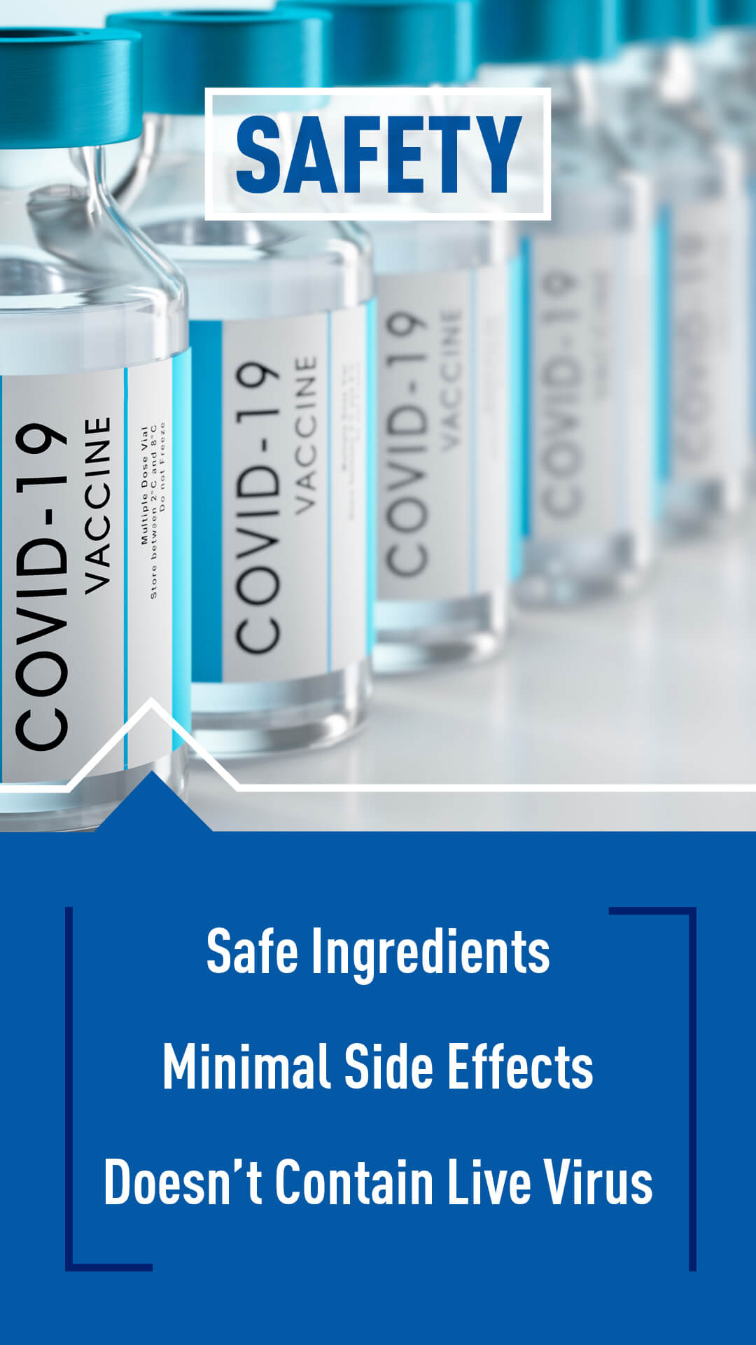 This is an image that reads "Safety. Safe Ingredients, Minimal Side Effects, Doesn't Contain Live Virus."