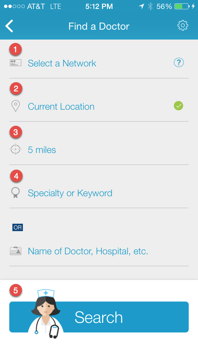 Overview screen of Find a Doctor section